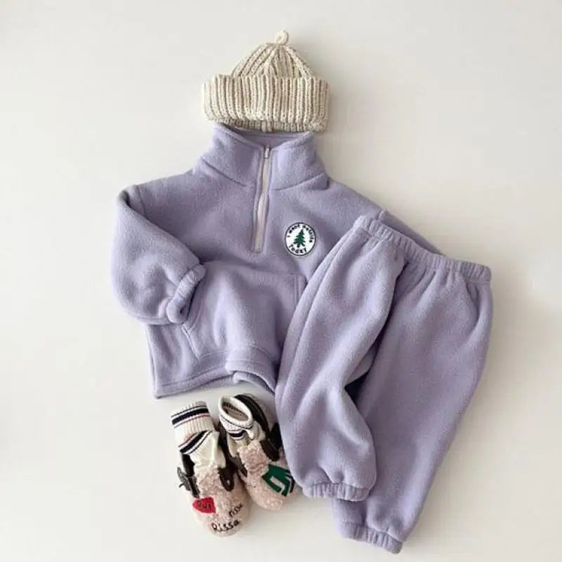 2025 Autumn Baby Boys Clothing Sets Children Thicken Plush Clothes Girls Solid Cotton High Collar Tops+ Pant 2 Pieces Suits