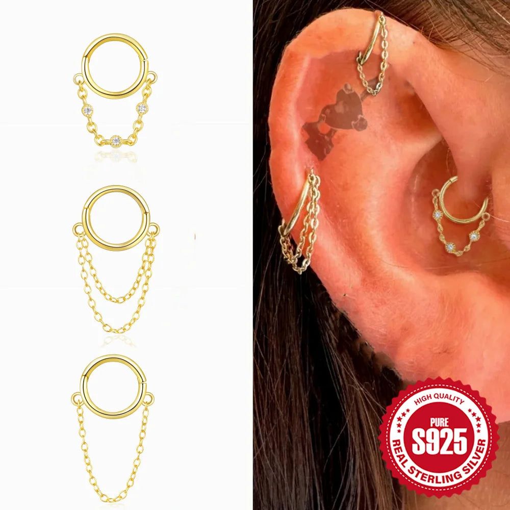 CANNER 925 Sterling Silver Simple Tassel Circle Piercing Hoop Earrings For Women's 18k Gold Ins Earrings Fine Jewelry Party Gift