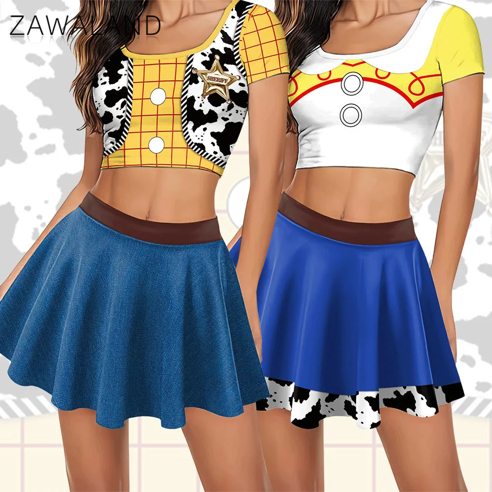 Halloween Woody Cosplay Costume For Women Movie Character Print Skirt Set Summer Short Sleeve Crop Top Party Performance Outfits
