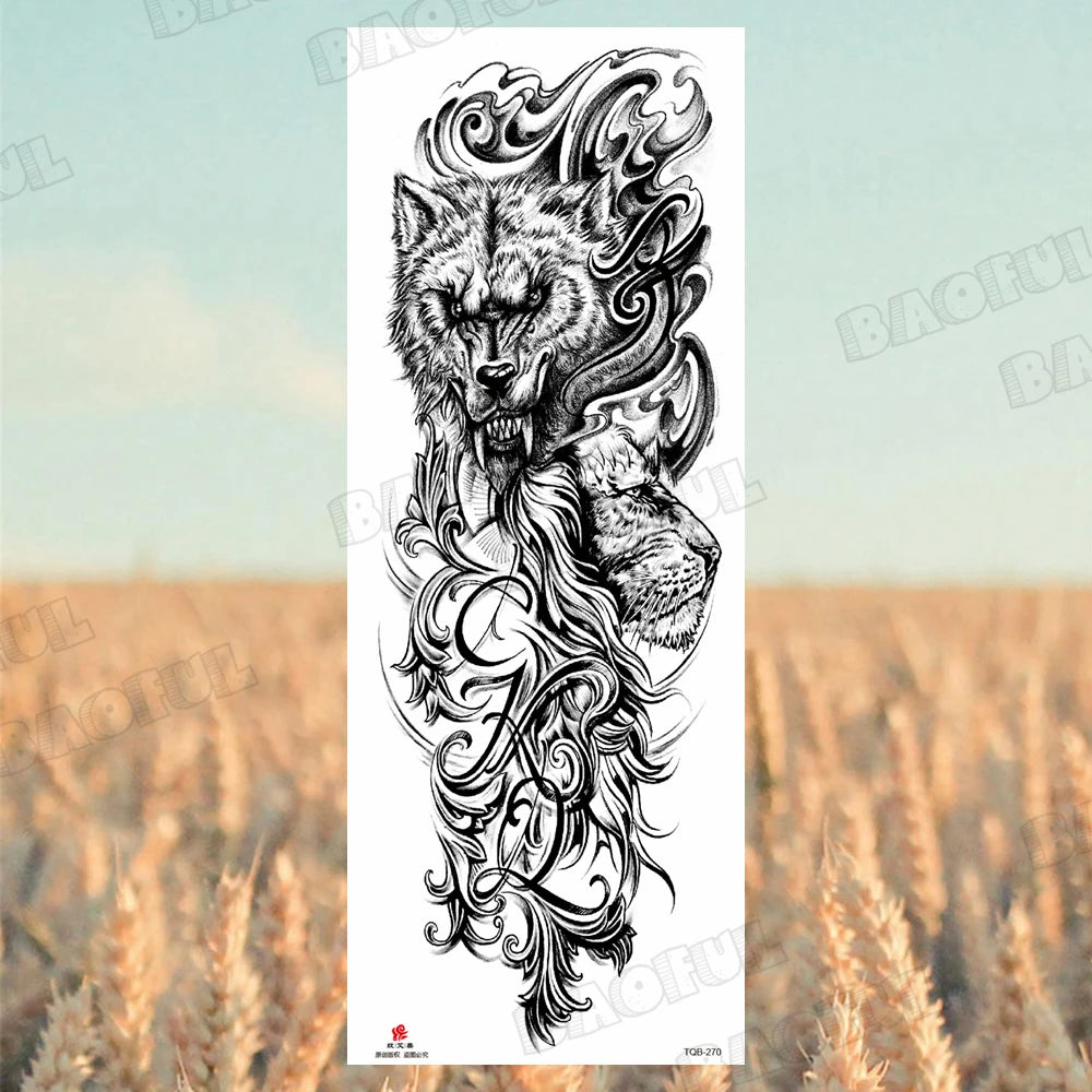 BAOFUL Full Arm Sleeve Temporary Tattoos For Women Men Realistic Wolf Lion Warrior Maori Fake Tattoo Stickers Thigh Leg Tatoos