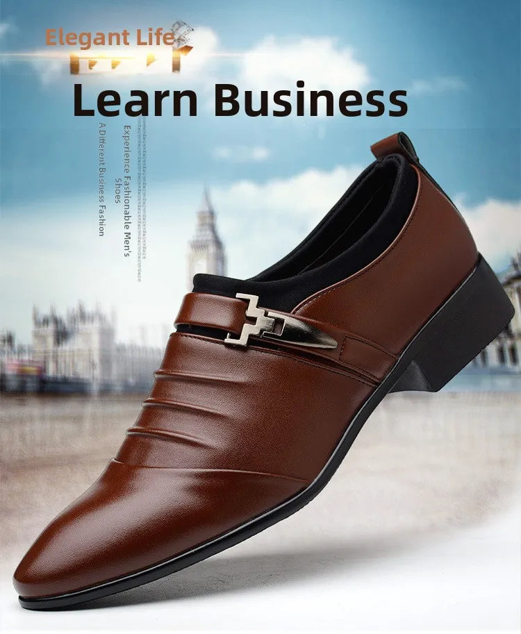New Men's Slip-On Business Casual Shoes Large Size Fleece Lined Leather Shoes Wear Resistant Rubber Outsole Low Cut Ankle High