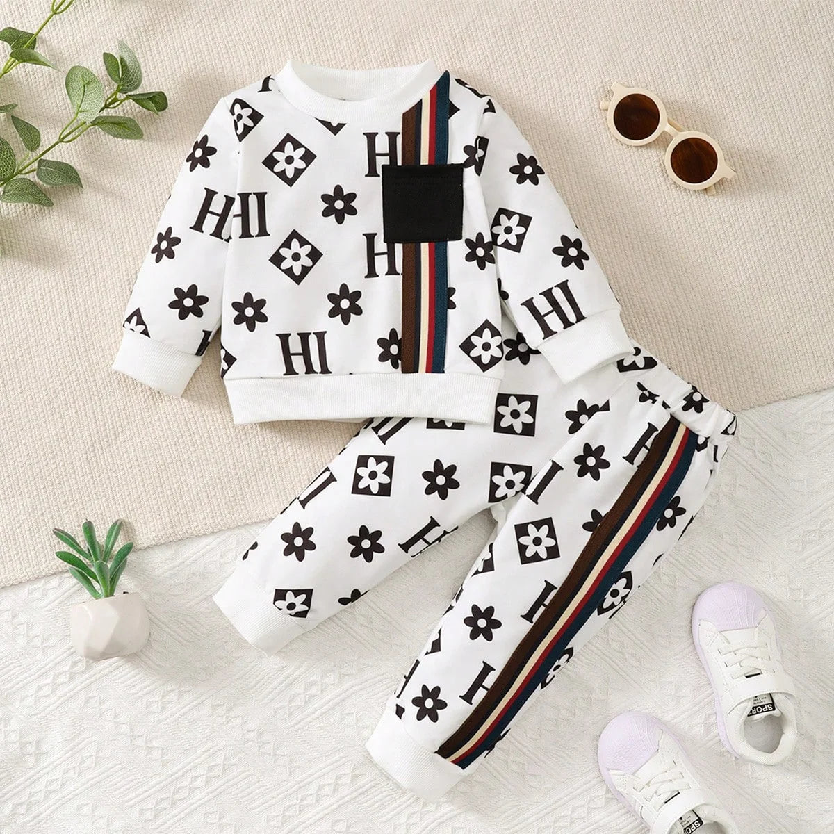 Winter  0-3 Years  Old   Infant  Baby  Girls   Floral   Print  Long  Sleeved  Sweatshirt  Set