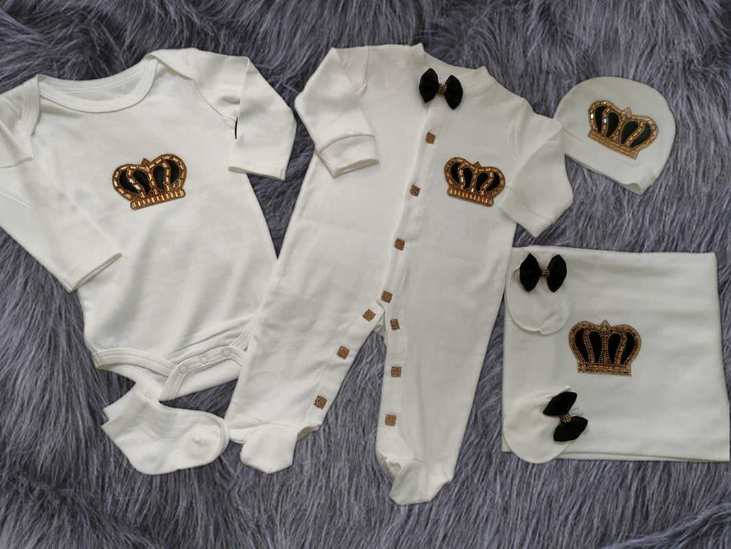 Newborn Baby Boy Outfits Set Kids Clothing Real Cotton Infant Care Products Body Suit Shirt Pants Mittens Receiving Blanket
