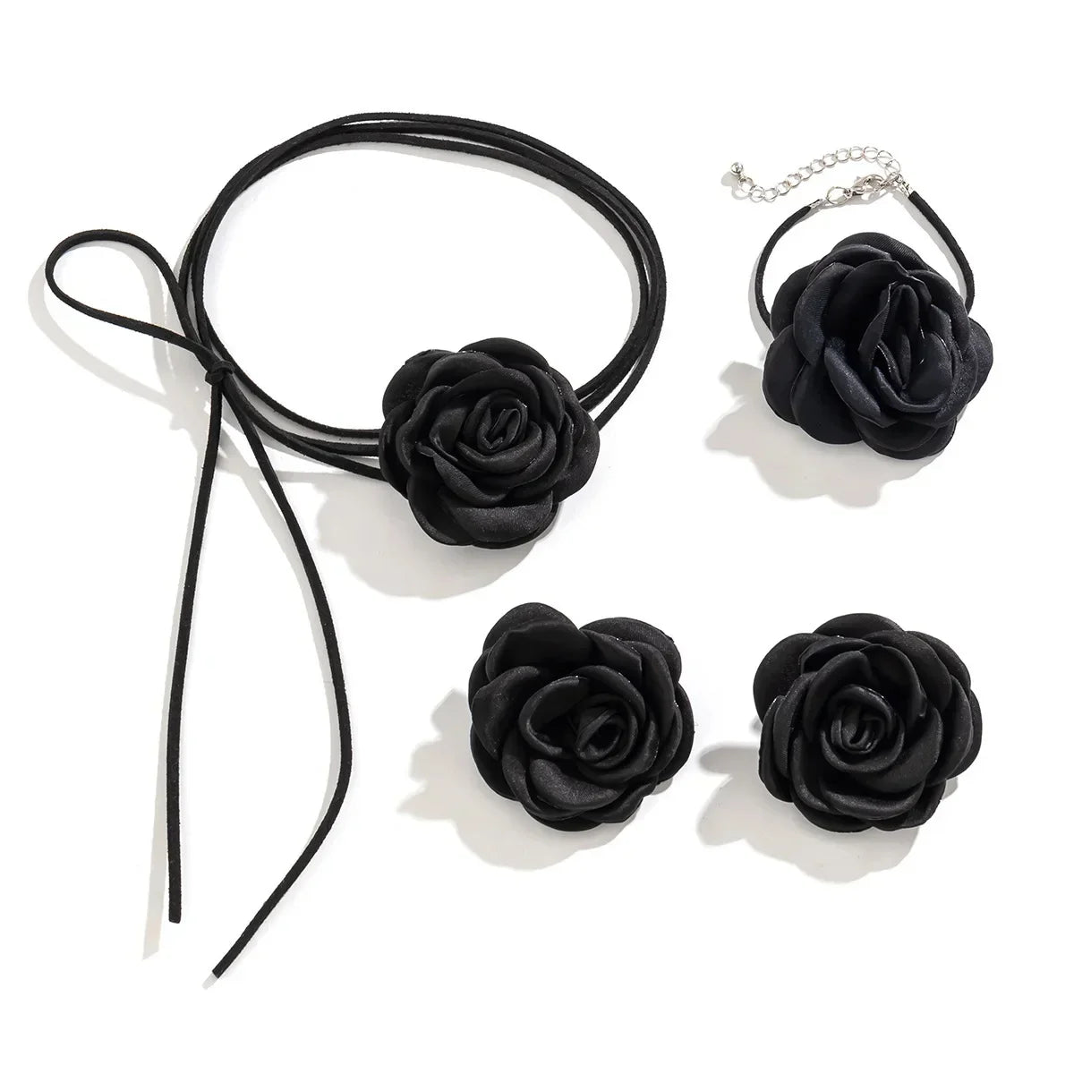 Women Adjustable Rope Choker Clavicle Chain Goth Y2K Romantic Rose Flower Necklace Bracelet Earrings Set