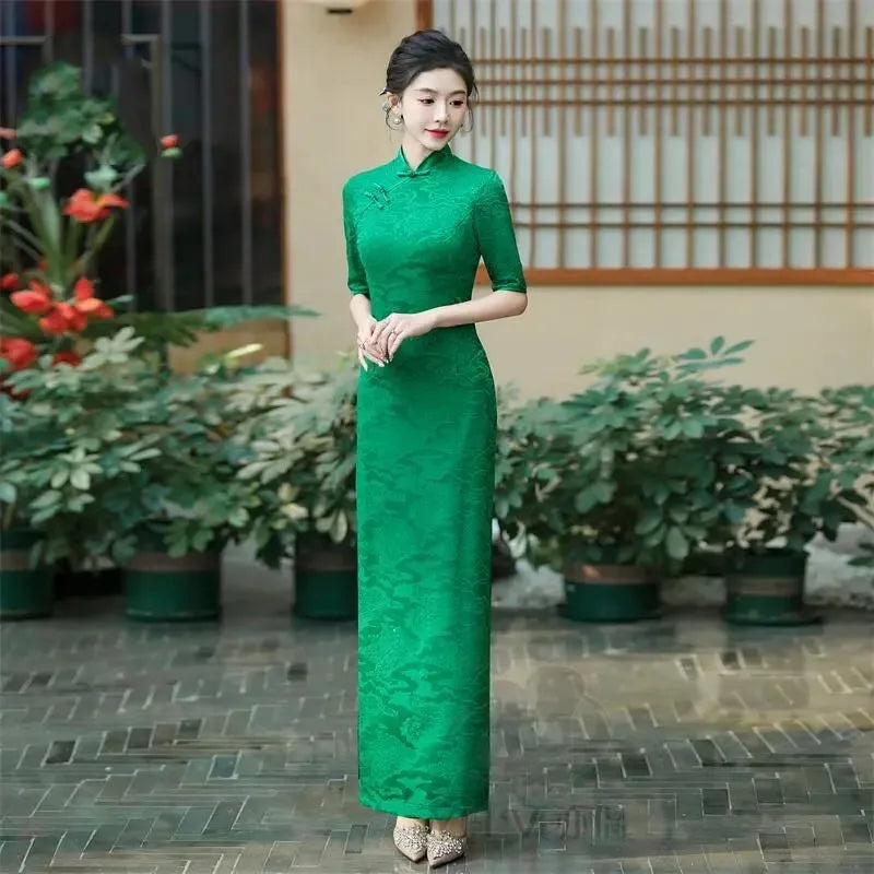 Female Large Size 6XL Maxi Dress Summer Lady Fashion High Fork Long Dresses 2025 Women Solid Color Five Divide Sleeves Cheongsam