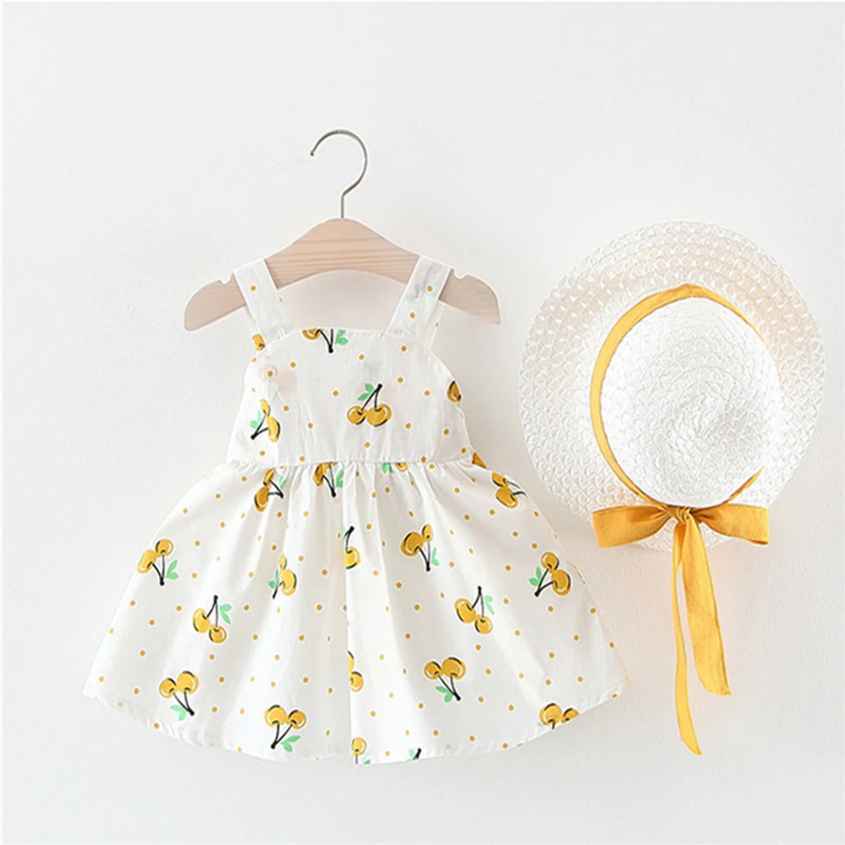(0-3) Baby Girl Clothing Set 2/Piece Set Summer Baby Girl Cherry Printed Large Bow Cotton Beach Sleeveless Princess Dress+Hat