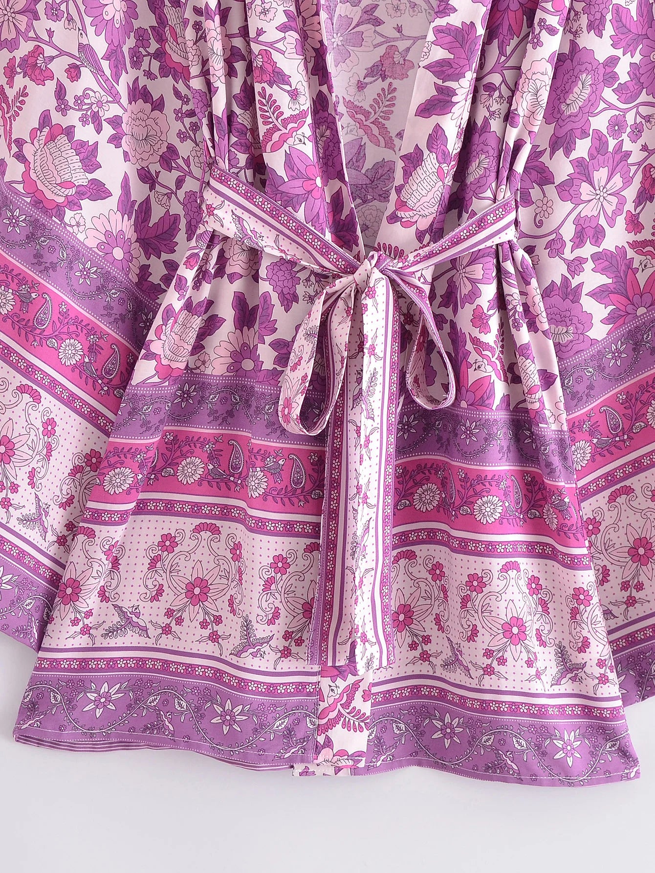 BOHO Women Blue With Pink Flower Print Kimono Shirt Holiday Tide Bow Sashes Mid Long Cardigan Summer Blouse Beach Cape