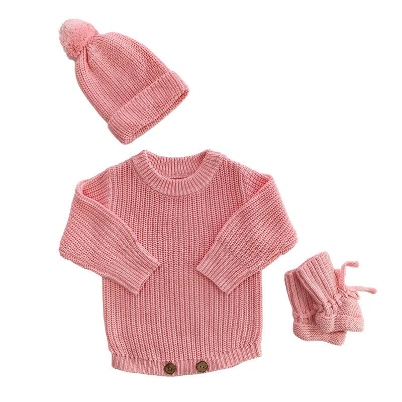 Autumn Baby Knitted Romper Headband Hat Socks Set 3Pcs Solid Color Newborn Outfit Cotton Warm Infant Shower Clothing Gifts