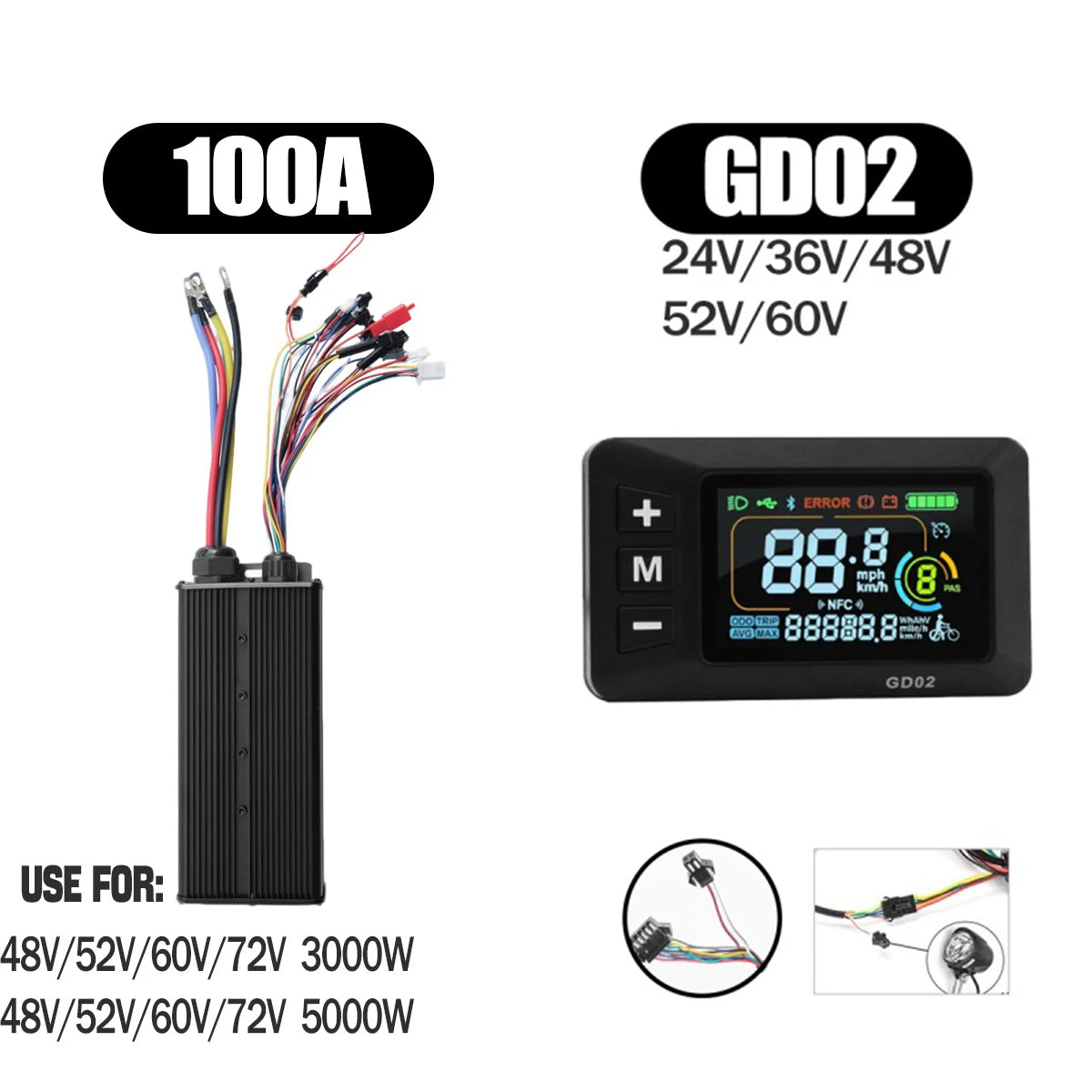 Ebike Sine Wave Display Controller 100A Three-Mode 48V52V60V72V with Learning Function UKC1 LCD Color Display 3000W5000W Motor
