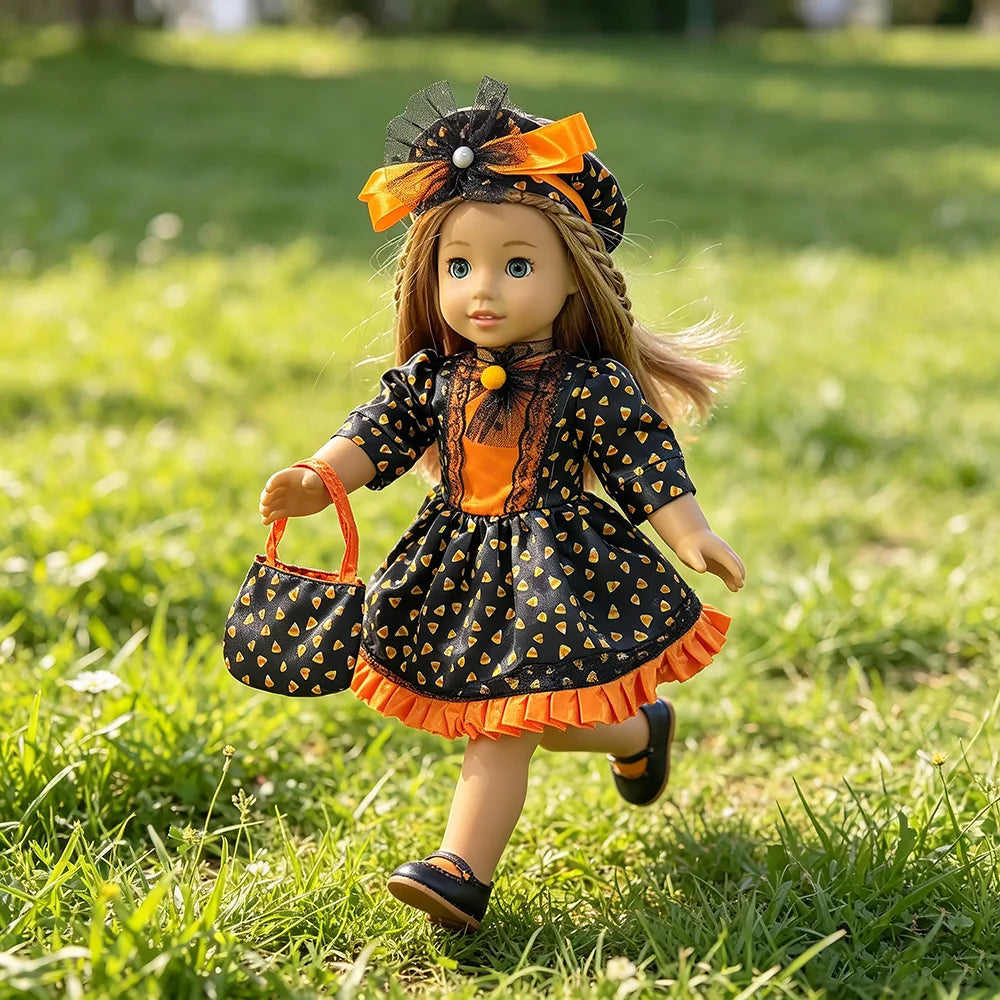 Halloween Doll Costume Outfit Suitable for 18 Inch Dolls. Doll Holiday Costume Set with Three Pieces and Doll Accessories