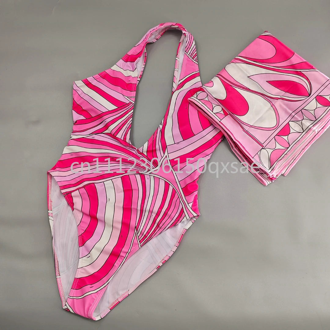 Women's Pink Headband Scarf Swimsuits with Letter Signature Logo Lady Headband Scarf Bikini Sets Beachwear Swimwear