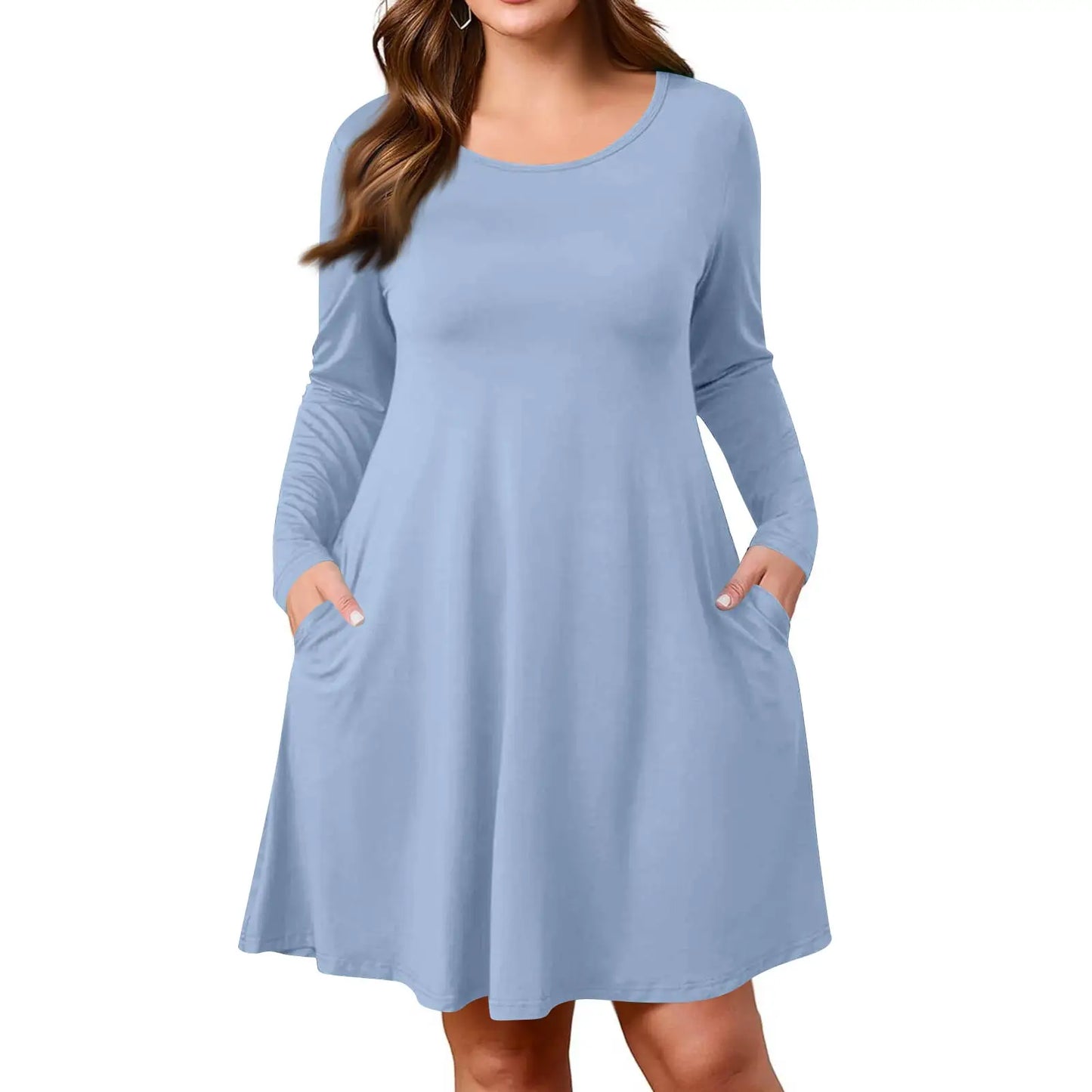Plus Size Dress for Women Solid-Colour Casual Dress Spring/Autumn Pocket Round Neck Long-Sleeved Dresses vestidos femenino