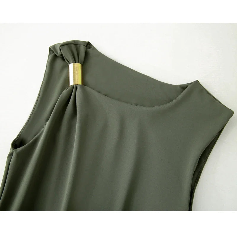 MUJER 2025 Pleated Midi Dress Women Bodycon Long Dress Woman Asymmetric Holiday Women's Summer Dress Sleeveless Evening Dresses