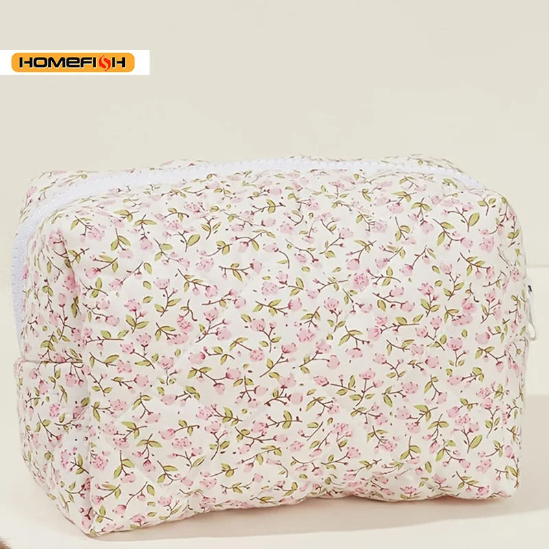 Floral Puffy Quilted Makeup Bag Large Capacity Travel Cosmetic Pouch Flower Print Storage Organizer for Women Daily Travel Use