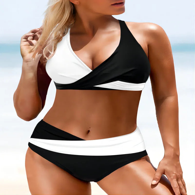Hot Sale Of The Season New AB Version Spliced Conservative High Waist Bikini Swimsuit Women's Separate Print Flat Bottom Pants S