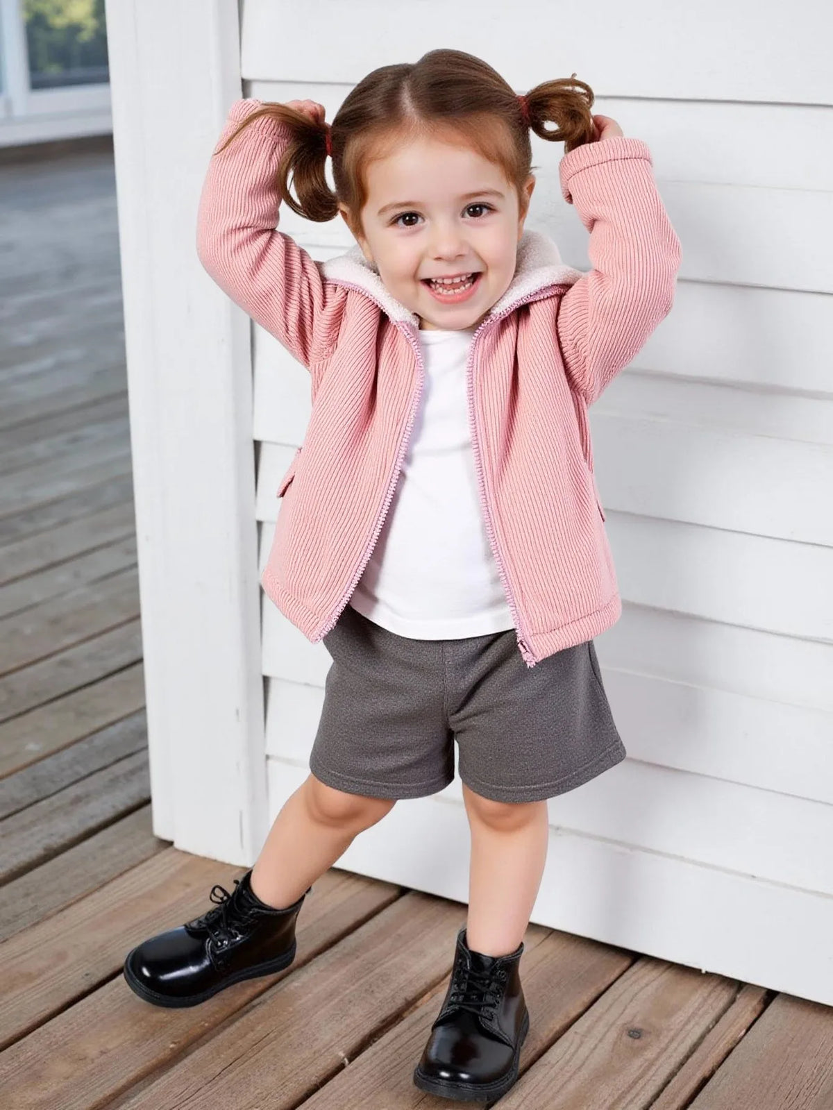 Baby Girl Casual Cute Corduroy Composite Plush Fabric Zipper Fully Open Thickened Hooded Long Sleeve Jacket Autumn and Winter