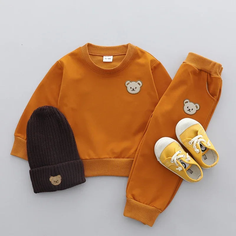 2PCS Children's Set Spring and Autumn Simple Little Bear Head Round Neck Long Sleeve Pants Outdoor Set for Young Children