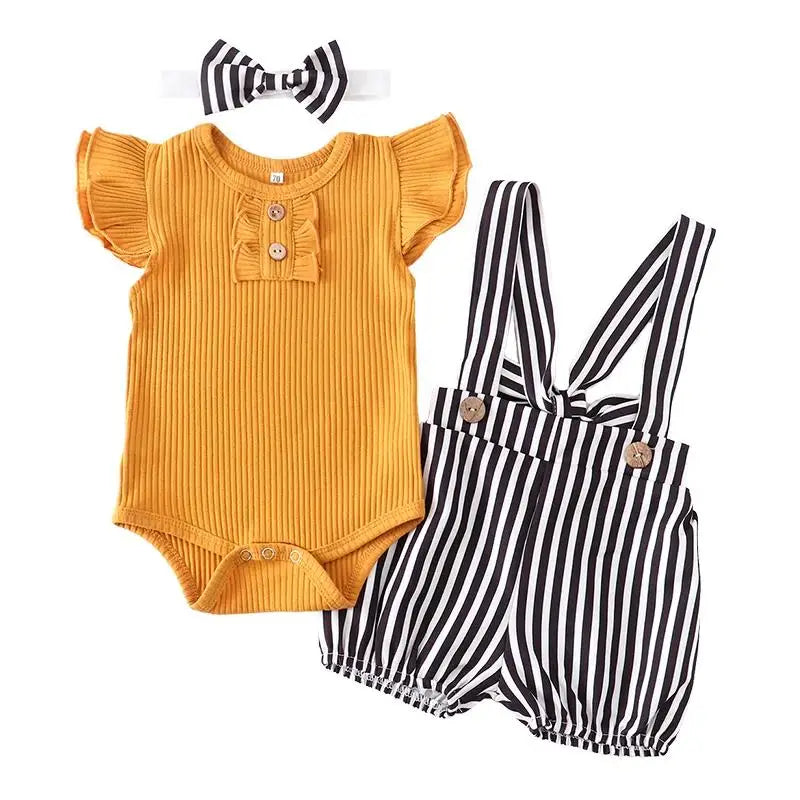 Summer Baby Girl Clothes Set Fashion Newborn Infant Knitting Cotton Ruffles Romper Shorts Bow Headband 3Pcs For Toddler Outfits