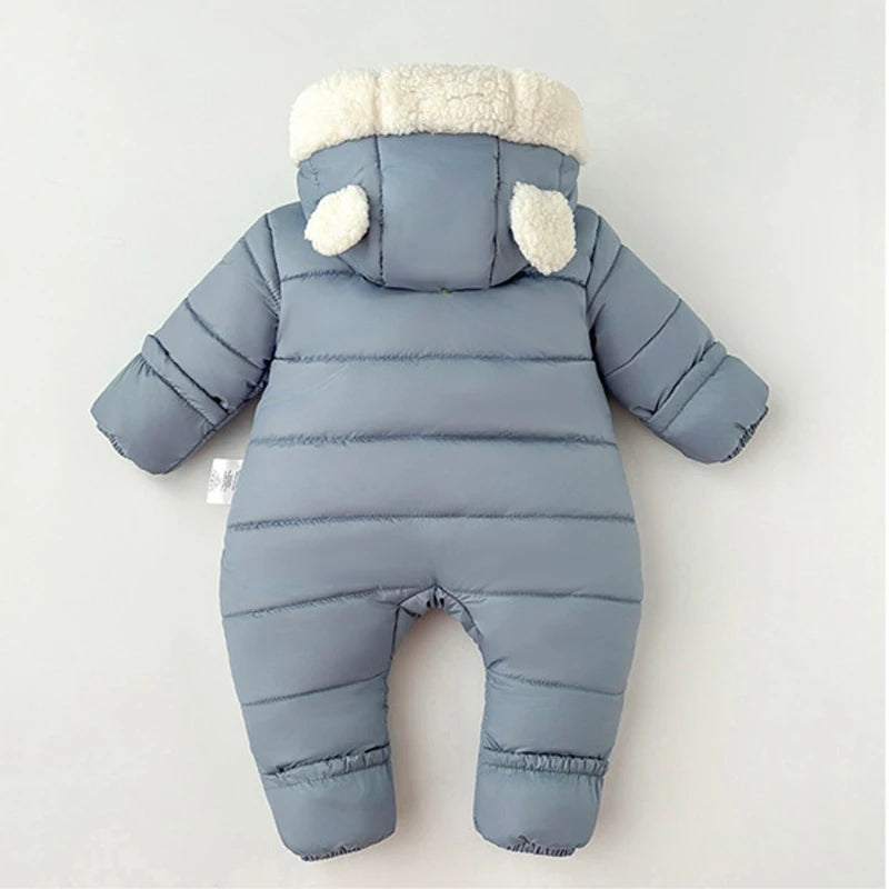 Winter New Baby Boys Girls Bodysuit Solid Color Lining Plush Thick Warm Hooded Jumpsuits For 6M-30M Kids Cotton Romper Snowsuit