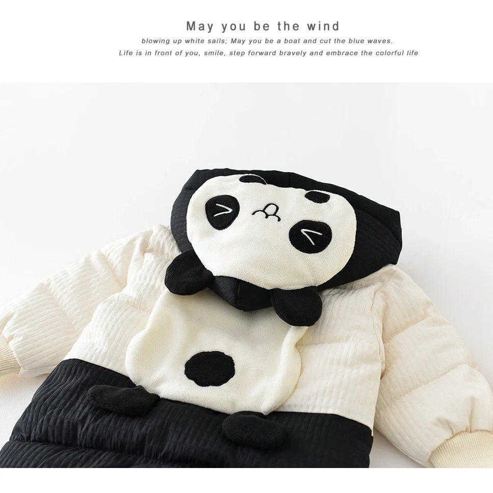 2024 Winter Baby Long Sleeve Warm Hooded Romper Cute Panda Print Newborn Plus Velvet Thick Jumpsuit Infant Girl Boy Warm Clothes