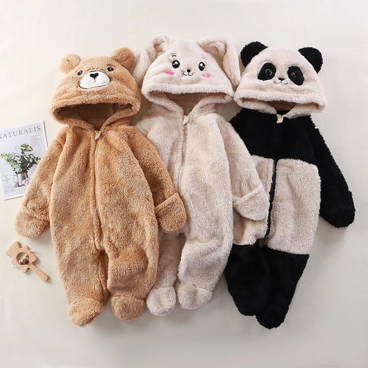 Baby Animal Onesie 0-12M Panda Bunny Bear Hooded Plush Romper Soft Warm Coral Fleece Jumpsuit Newborn Bodysuit Winter Costume