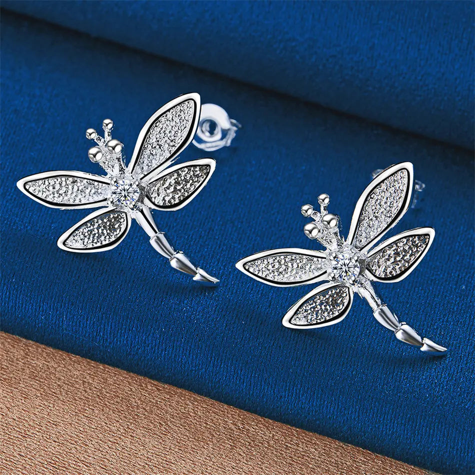 925 Sterling Silver Exquisite Dragonfly Zircon Stud Earrings for Women Fashion Wedding Gift Party Accessories Jewelry