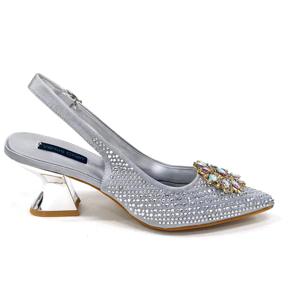 2024 New Designer Specials Italian Women Heels Shoes and Bag Set Royal Purple Color Comfortable With Rhinestone for Party