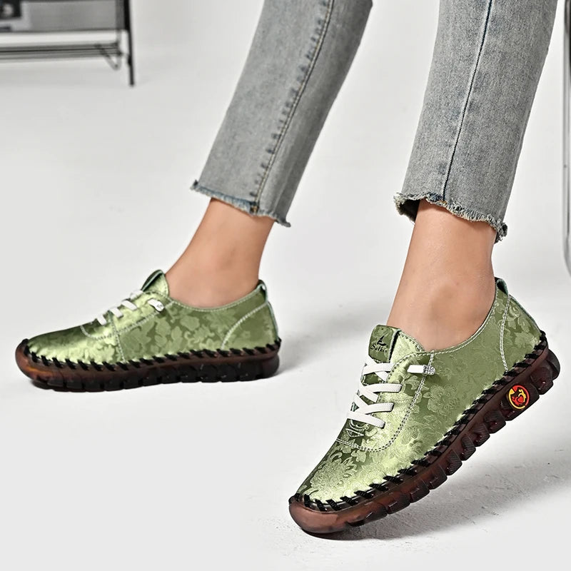 Print Fashion Sneakers Women Hand-stitching Leather Casual Shoes Design Platform Loafers Breathable Flats Shoe Driving Plus Size
