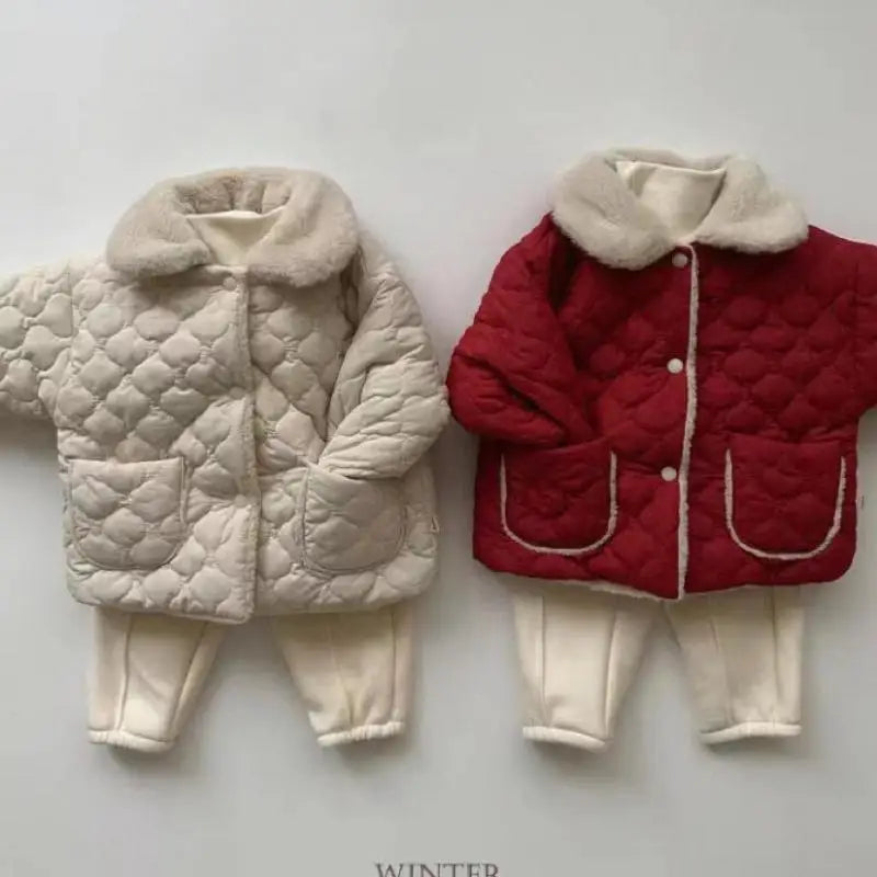 Autumn Winter Ins Children Plus Velvet Thicken Cotton Coat Girl Baby Fashion Solid Lapel Tops Kid Boy Fleece Warm Casual Jacket