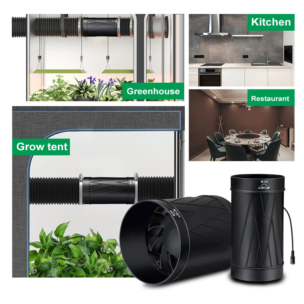 4/6 Inch Inline Duct Fan Adjustable Speed DC Brushless Motor Ventilation Fan for Greenhouse Tent Living Room Dining Room Kitchen