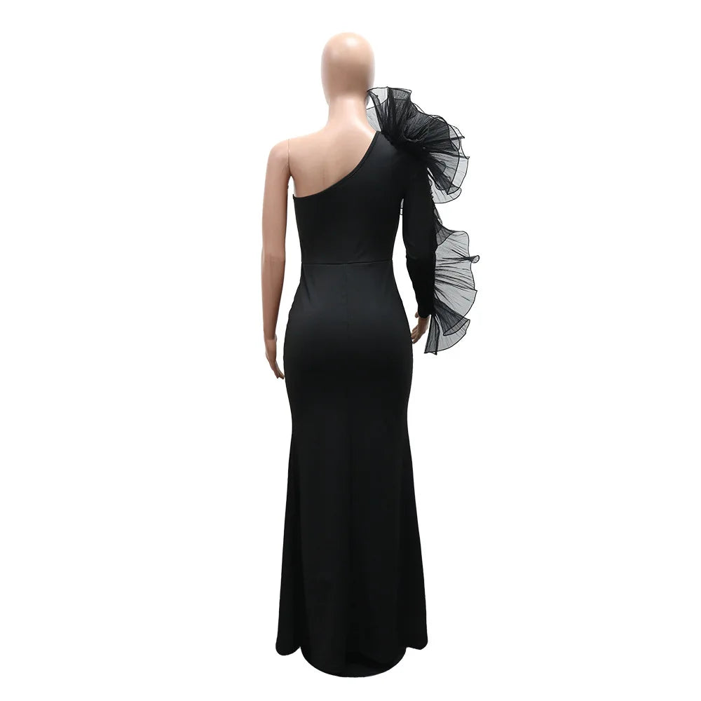 One Shoulder Long Dress Women Elegant Party Dresses Ruffles Sleeve Bodycon Evening Summer Dresses Female Birthday Dress HWY1896