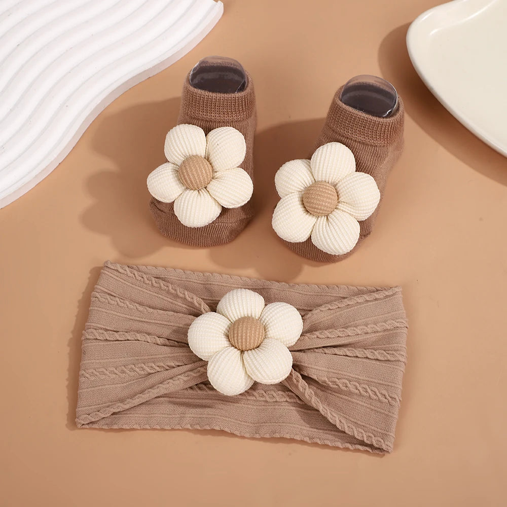 2Pcs Set Baby Floral Headbands and Socks Knitted Flower Elastic Hairbands Cute Newborn Girls Photo Props Baby Hair Accessories