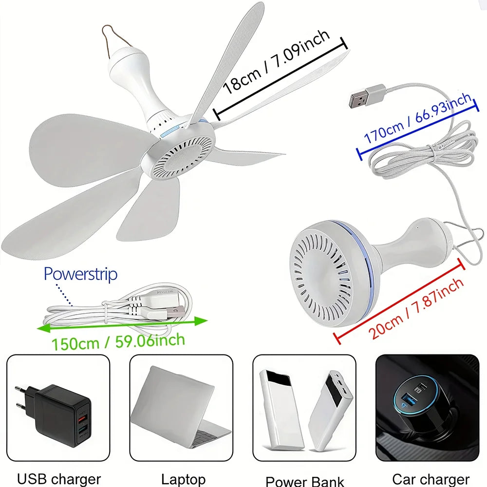 1 Set of USB Mini Quiet Ceiling Fans for Camping, Emergency Portable Outdoor Hanging Fans for Gazebos, Sheds, Dorms, Silent Fans with Extension Cord, White Fan