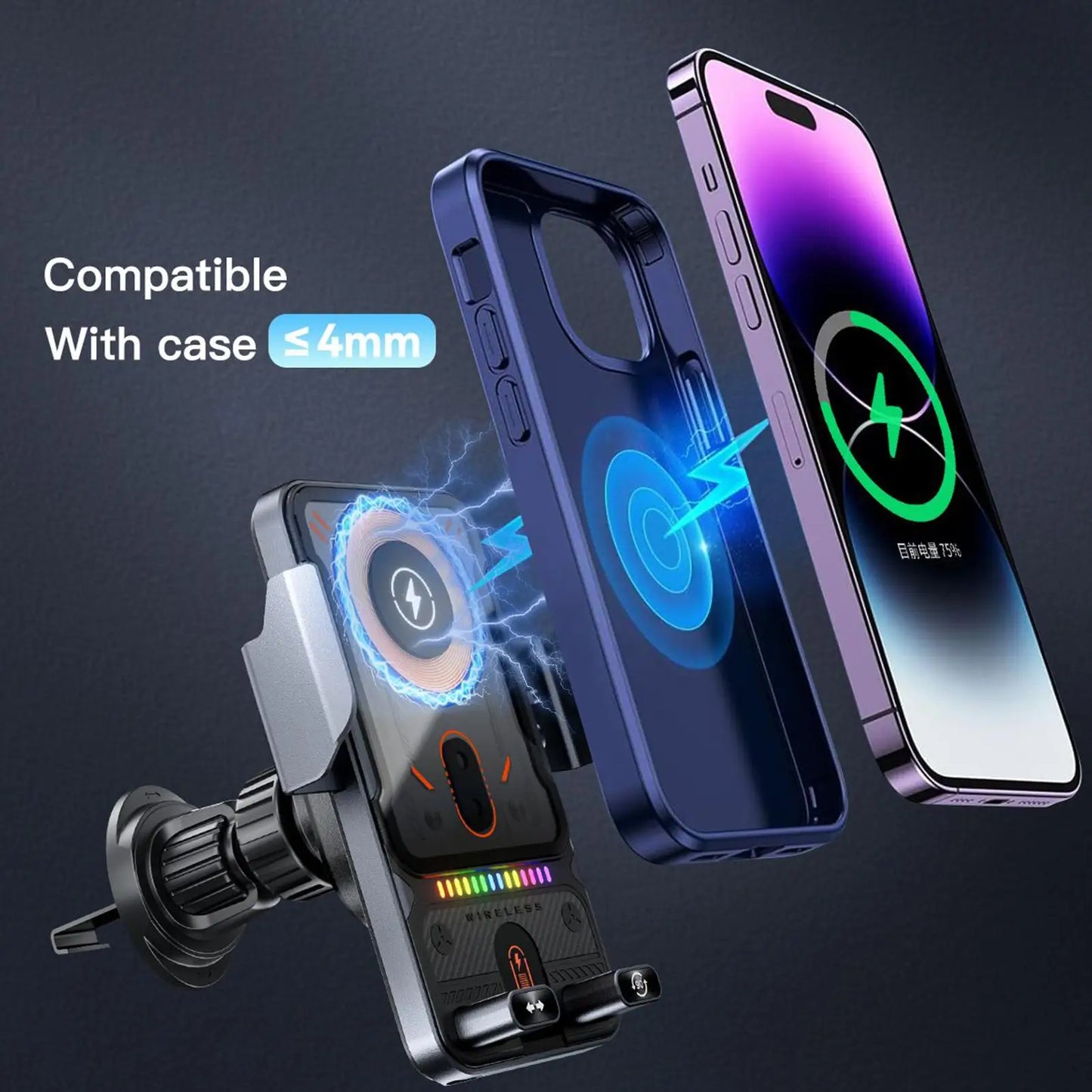 General Car Air Vent Electric Rotating Opening Closing Phone Holder 15W Wireless Charger Dualed Coil Smart Phones Fast Charging