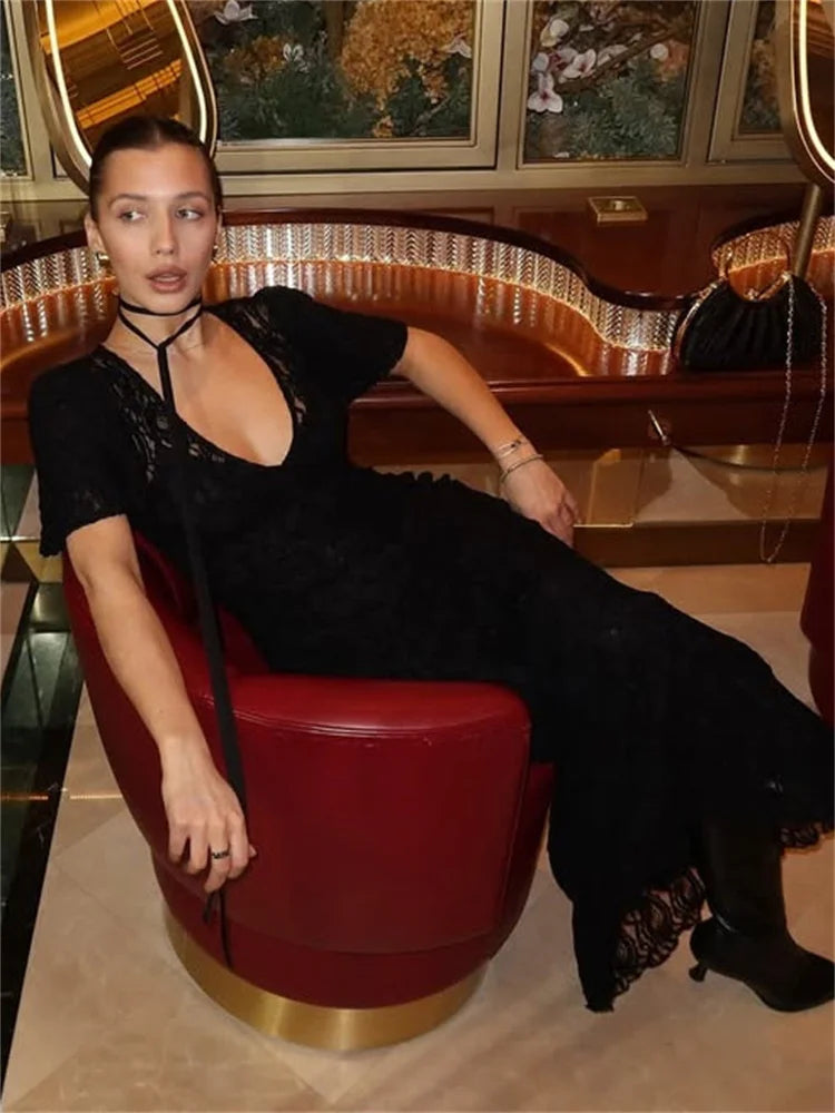 Tossy Fashion Lace Hollow Out Long Dress Women's V-Neck High Waist Sexy See-Through Printed Summer Dress Female Bodycon Dress