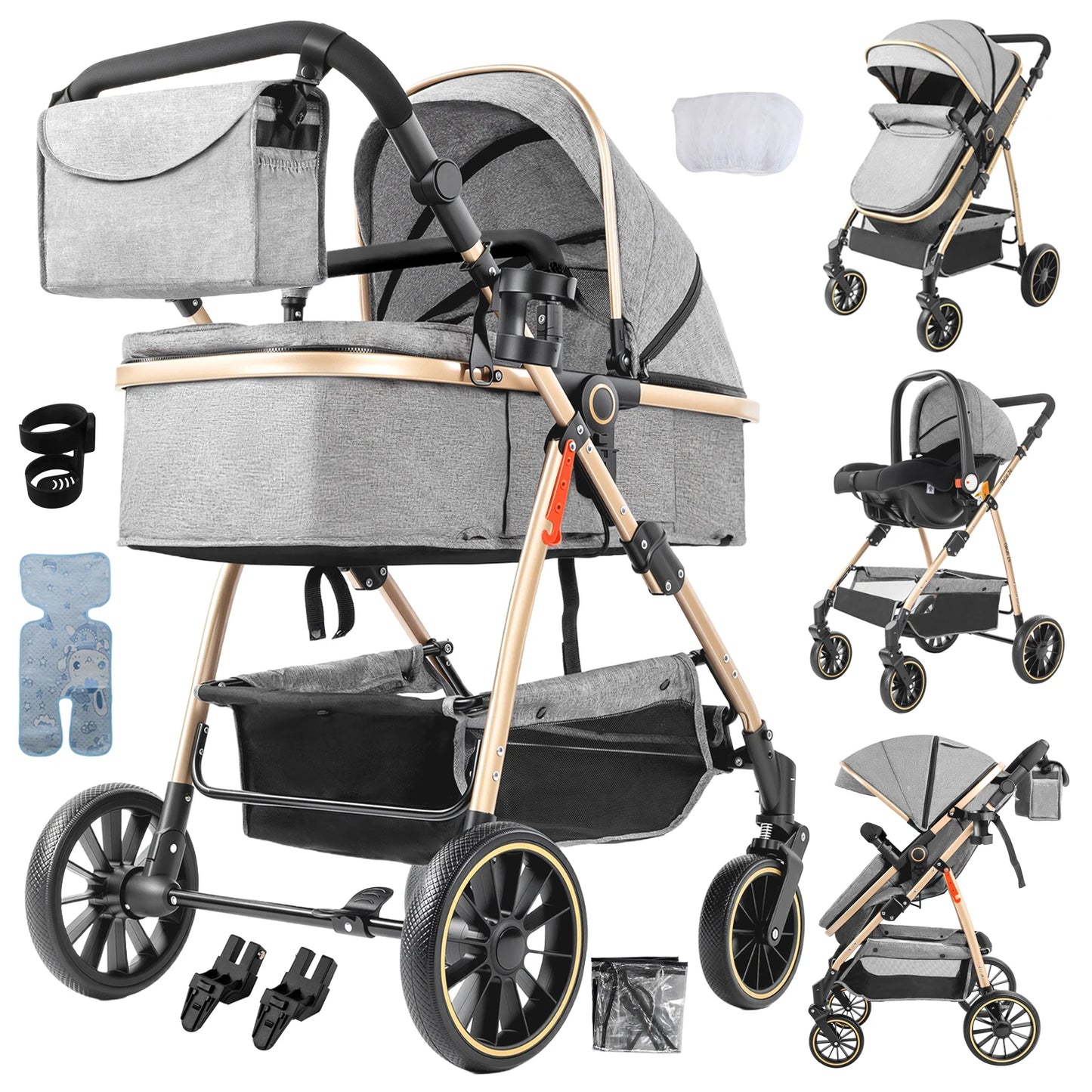 3-in-1 Baby Stroller with Bassinet & Car Seat Mode, 5-Point Harness, One-Hand Fold & Lightweight Design for Compact Storage