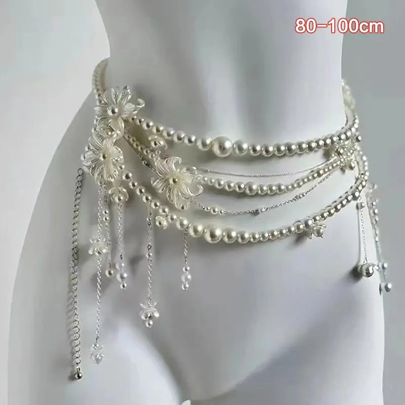 Sexy Geometric Pearl Waist Chain For Women Flower Tassel Double Layer Beads Chain Belt Streetwear Summer Fashion Body Jewelry