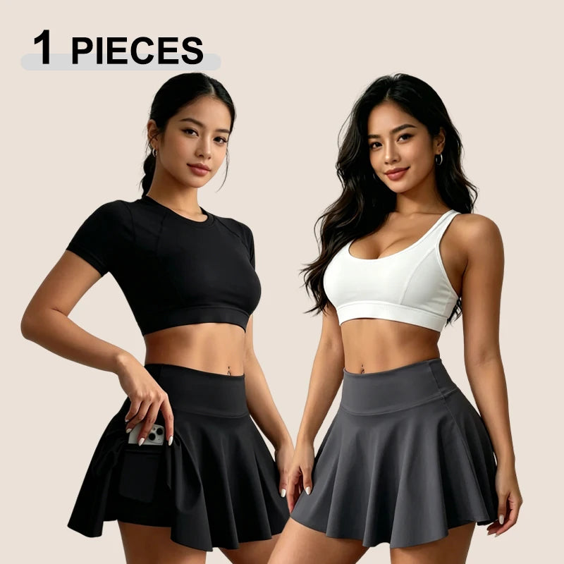 Women Quick Drying Sports Tennis Skirt Solid Color High Waist Inner Pocket Athletic Yoga Skirt Female Running Fitness Mini Skirt