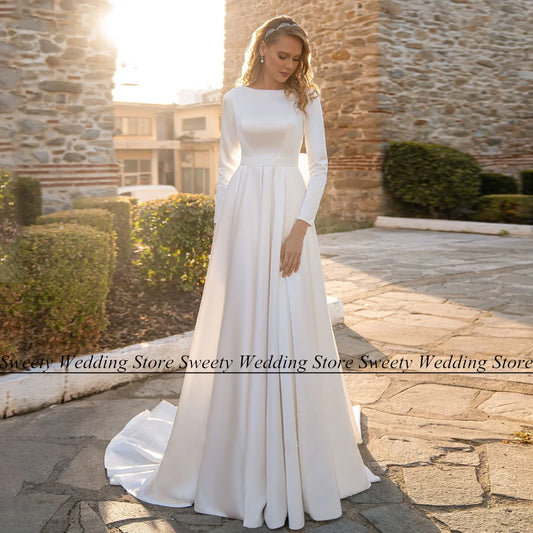 Satin Wedding Dress Muslim Bridal Dresses Customized Long Sleeve Sweep Train A Line Bride Gown Robe Mariee Vestidos De Novia