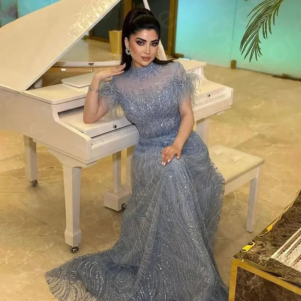 Customized Prom Dresses Exquisite Classic Organza Feather Beading Draped A-line Long Dress High Quality Evening Party for Women