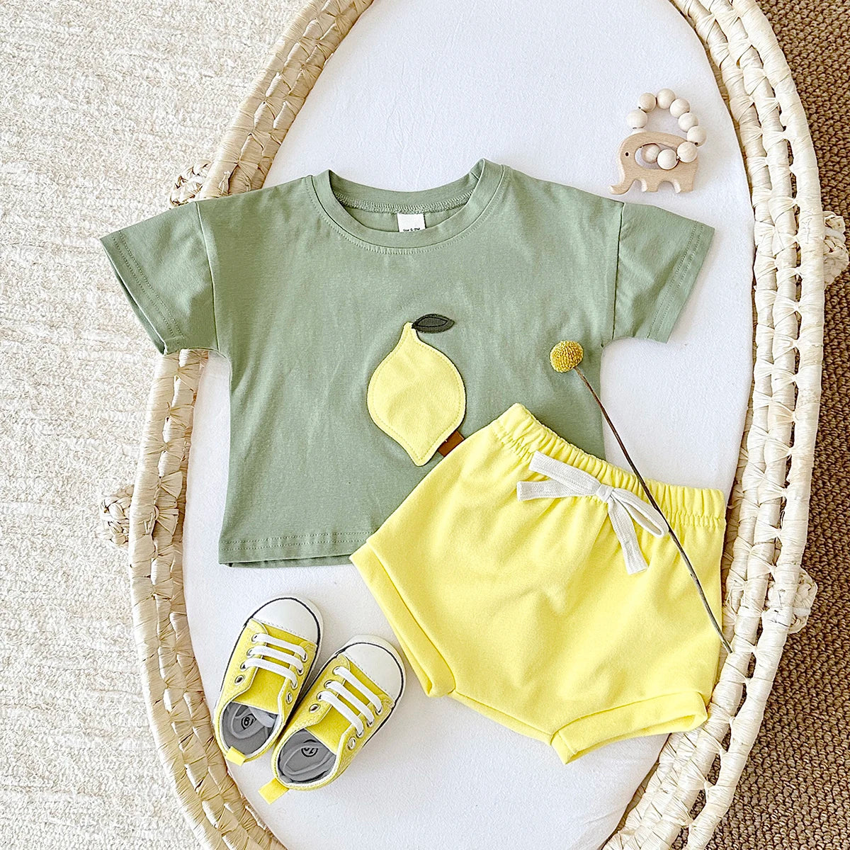 2Pcs Set Baby Boy Girl Clothing Toddler Baby Summer Clothes Blueberry Patch T-shirt+Shorts Newborn Boy Girl Summer Outfits