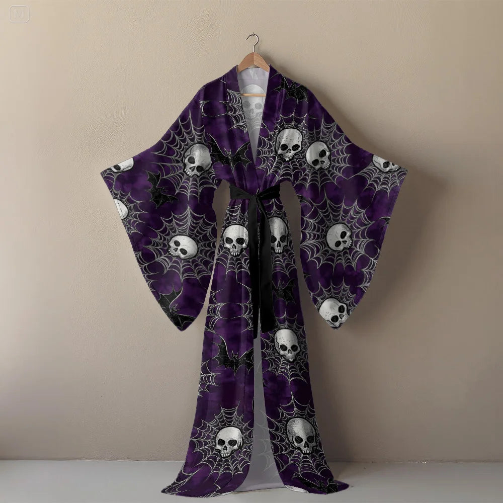Halloween Sexy V-Neck Robe with Ghost Print High Slit & Bat Sleeves Kimono - Women's Party Costume Funny Cool Cosplay Wear