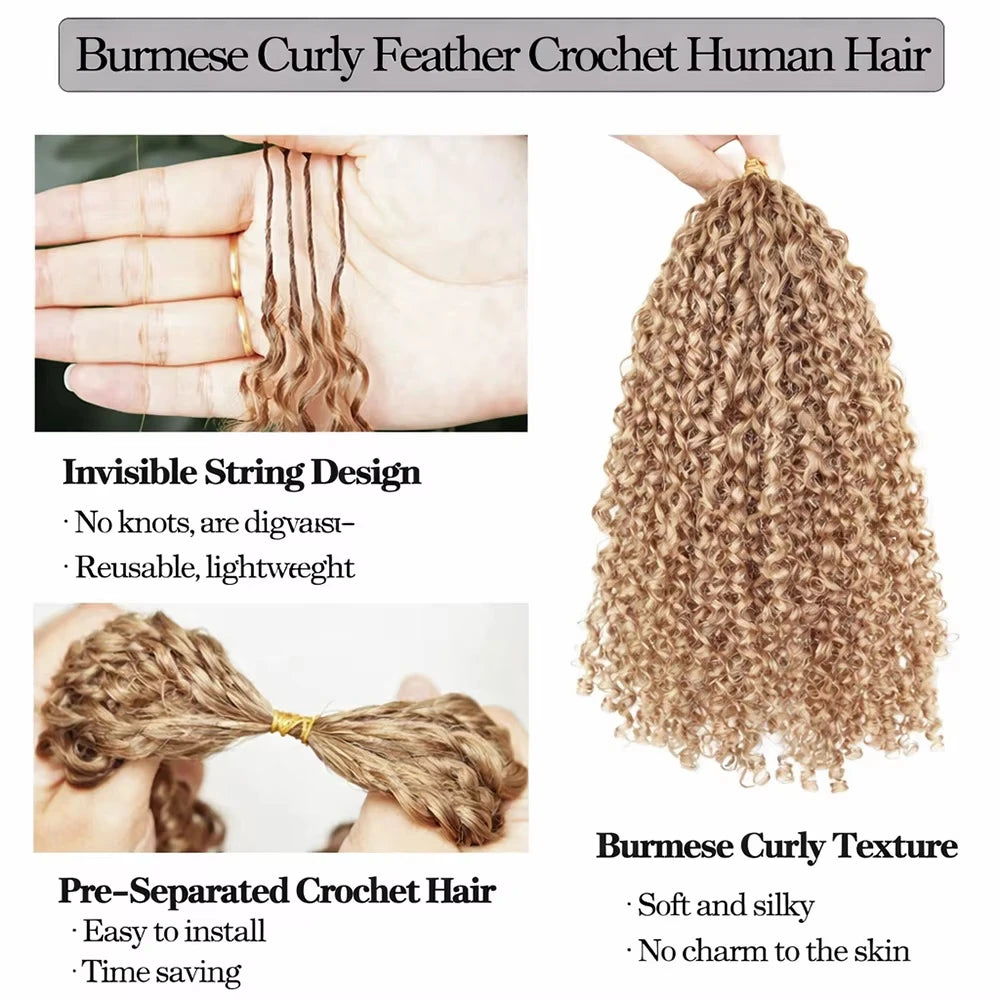 27 Honey Blonde Color Deep Wave Crochet Hair Extensions Knotless Pre-Separated Burmese Curly Feather Crochet 100%  Human Hair