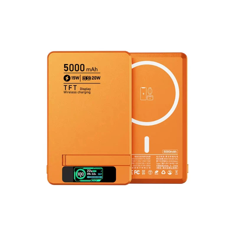 5000/10000mAh Slim and Portable Magnetic Power Bank with Bracket TFT Digital Display Wireless Fast Charging for Phones Watches