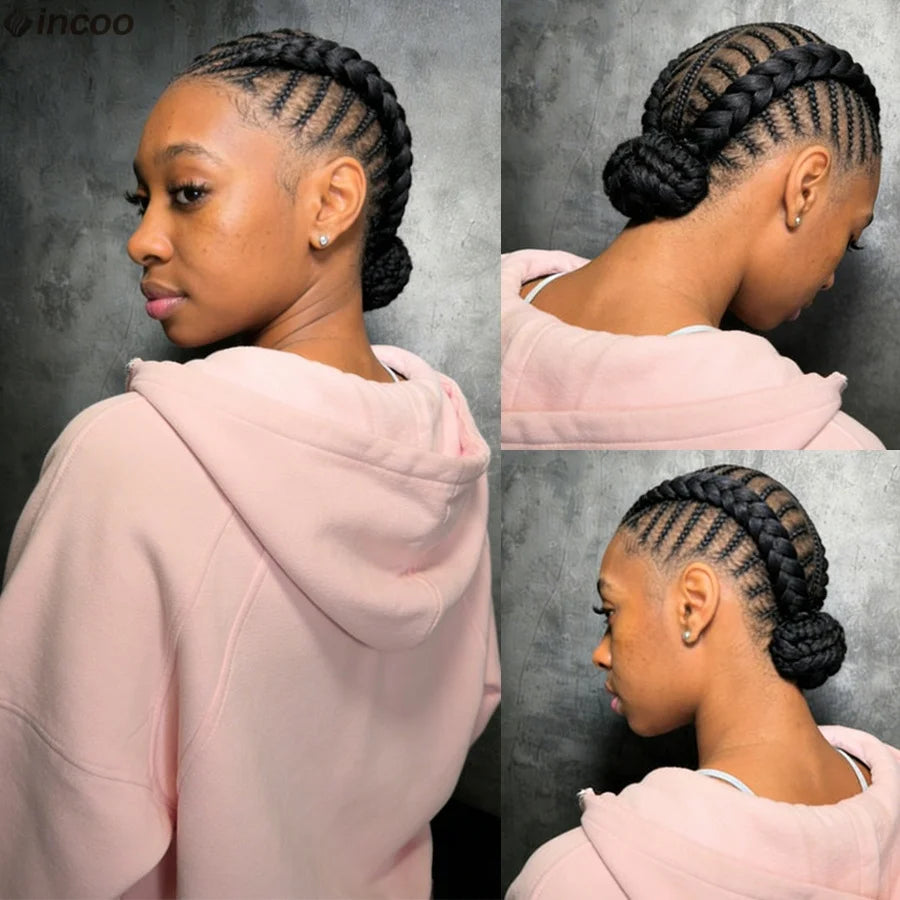 Synthetic Handmade Bantu Braided Wigs Full Lace Cornrow Braids Full Lace Wigs Bun Box Braids Wigs With Baby Hair For Women 12''
