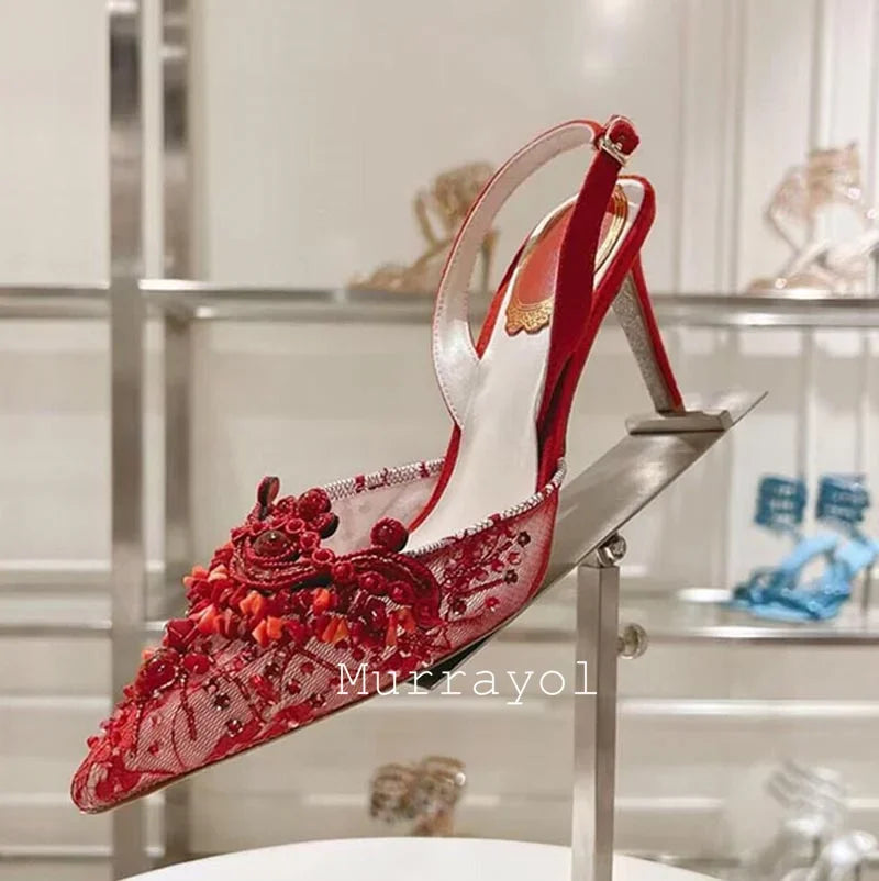 Pointed Toe Lace Gauze Thin High Heels Sandals Women Shine Rhinestone Decor Sandalias Summer Party Dress Wedding Shoes Pumps