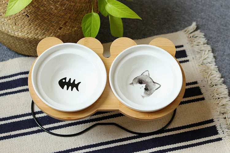 Ceramic Cat Bowl Cat Food Feeder Dog Bowls Drinking Water Bowl Cervical Protection Pet Supplies Ceramic Double Cat Bowls