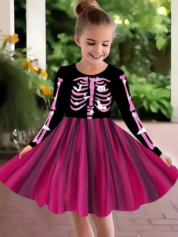 Girls Halloween Dress 2-7 Years Rainbow Skeleton Costume with Glow-in-Dark Print Toddler Party Dress for Witch Party & Cosplay