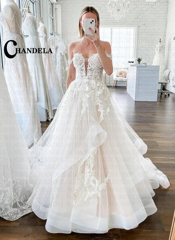 CHANDELA Off The Shoulder Princess Beach Wedding Dress For Women 2025 Sleeveless Bride Ruffles Bridal Gown Vestidos Customised