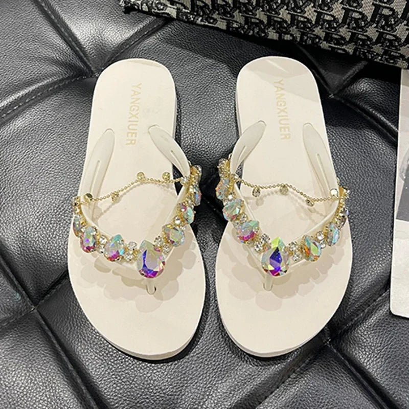 Rhinestone Chain Summer Flip Flops Sandals Women Comfortable Beach Shoes Non-slip Soft Bottom Casual 5cm Heels Wedges Slippers
